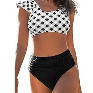 CUPSHE Black and White Gingham Bikini Size Small Ruffle Sleeves High Waisted NWT